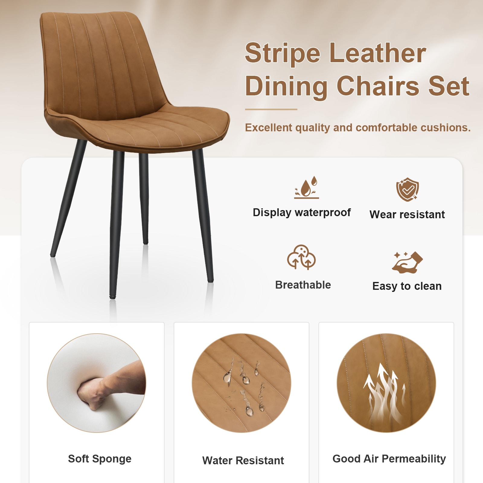 Brown PU Leather Dining Chair With Metal Legs, Wave Pattern Upholstered Armless Chair Set Of 6 For Kitchen, Restaurant, Living, Meeting Room_maomaolike.com